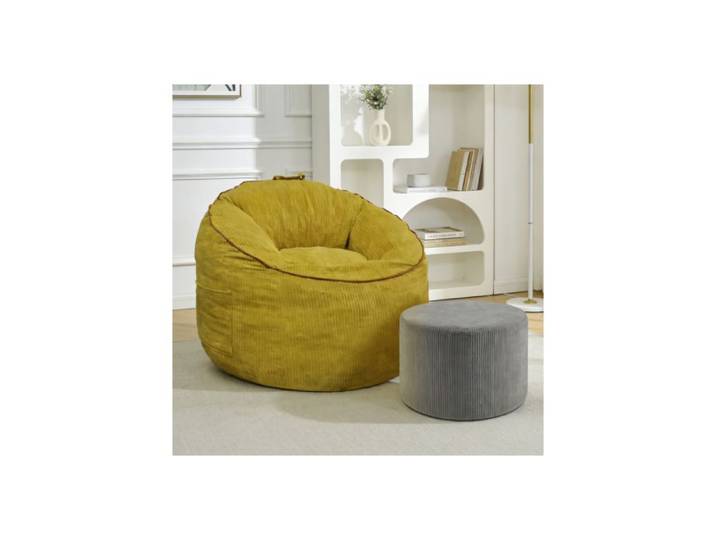 Fauteuil boule ergonomique incurvé avec poche de rangement amovible et pouf cylindrique assorti pour un confort moderne à la maison.