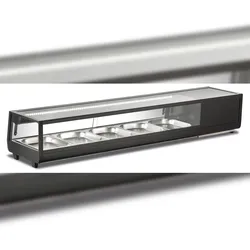 Gekühlte Sushi-Vitrine. Led-Leuchten. Digitales Thermometer. Automatische Abtauung. Temperatur 0°C/+6°C. Abmessungen BxTxH 180x40,6x31,8 cm. SUSHI180