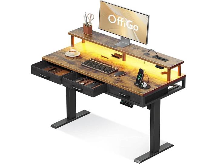 Elektrischer Schreibtisch mit Schubladen Höhenverstellbarer Gaming Tisch Braun