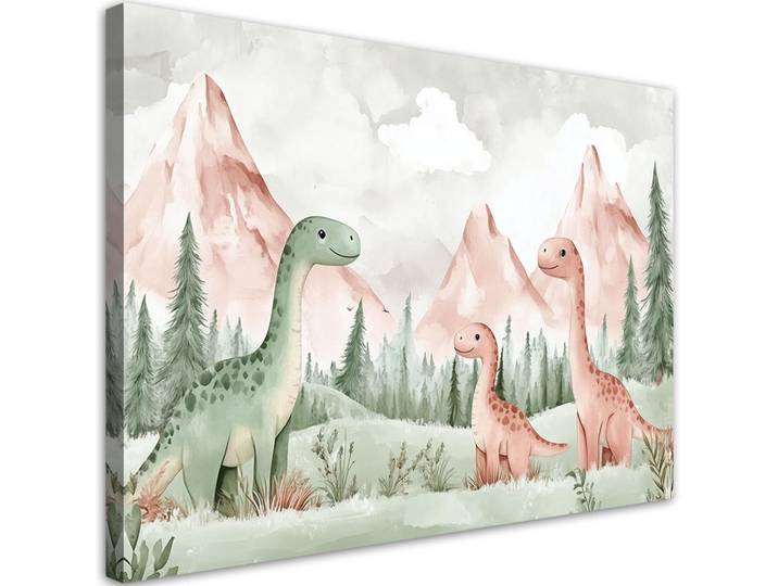 Feeby Wandbild für kinderzimmer dinosaurier berge grüner wald, Grün, Märchen/ Fantasie, Rechteckig, 100x70 cm, Bilder & Rahmen, Bilder, Leinwandbilder