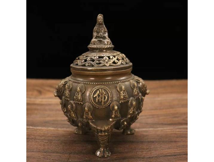 Brûleur d'encens en cuivre de la dynastie Ming, objet de collection, Bouddha