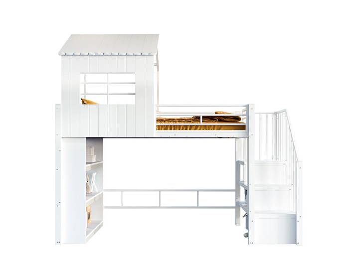 Flieks Hausbett 90x200 Weiß Metall Stauraum Treppe, 90x200 cm, Babymöbel & Kindermöbel, Kinderzimmer & Jugendzimmer, Kinderbetten, Hochbetten