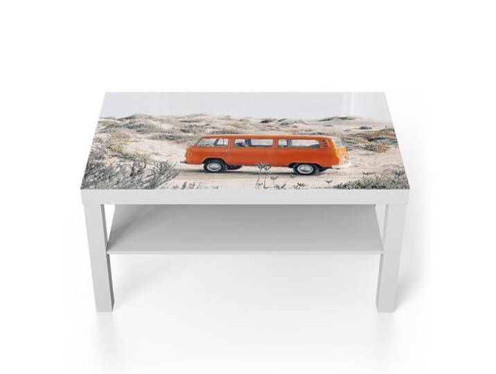 DEQORI Glastisch weiß groß 90x50 cm Motiv Küstenabenteuer im VW ausgefallener Beistelltisch aus Glas Hochglanz Couchtisch fürs Wohnzimmer moderner Couch Tisch mit Design