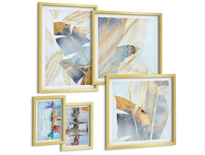 BILDER SET 5er Set - 50x50 cm & 20x30 cm & 40x60 cm Goldrahmen - abstrakte Muster in Blautönen