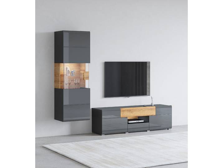Wohnwand GOODPRODUCT Toledo , grau (antrazit, antrazit hgl, grandson), B:212cm, Kastenmöbel-Sets, Wohnwand