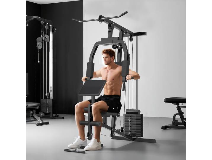 HOMCOM Station de musculation multi-exercices station de fitness en acier avec contrepoids de 45 kg idéal pour maison bureau et gymnase 148 x 108 x 207 cm noir
