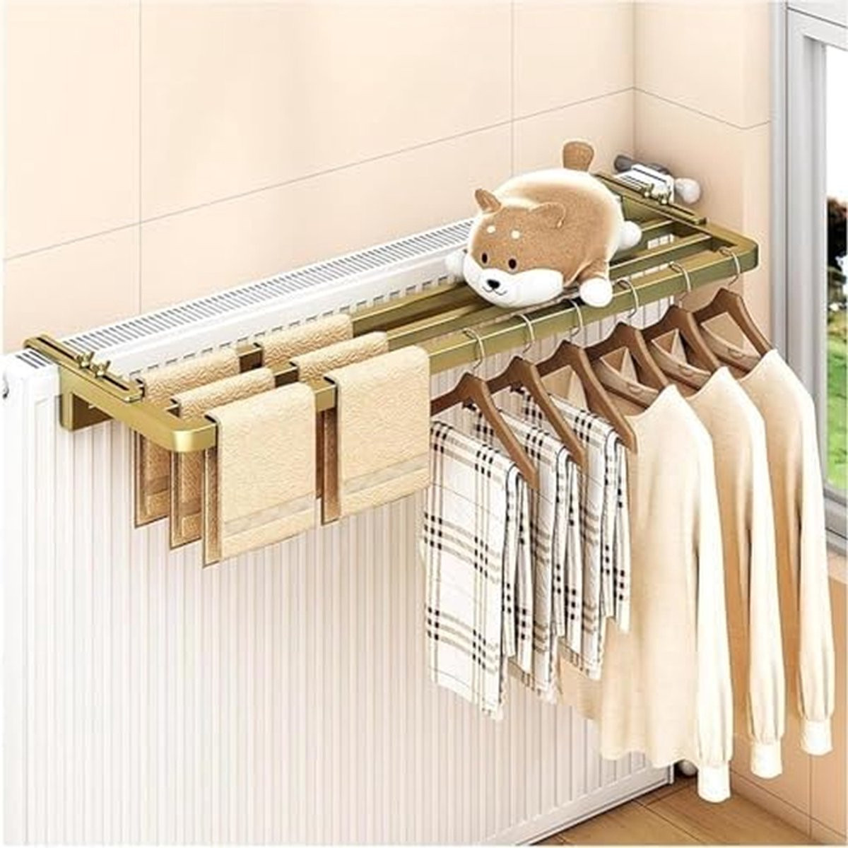 Wit Radiator Droogrek met Handdoekhouder en Verstelbare Haken voor Ruimtebesparing