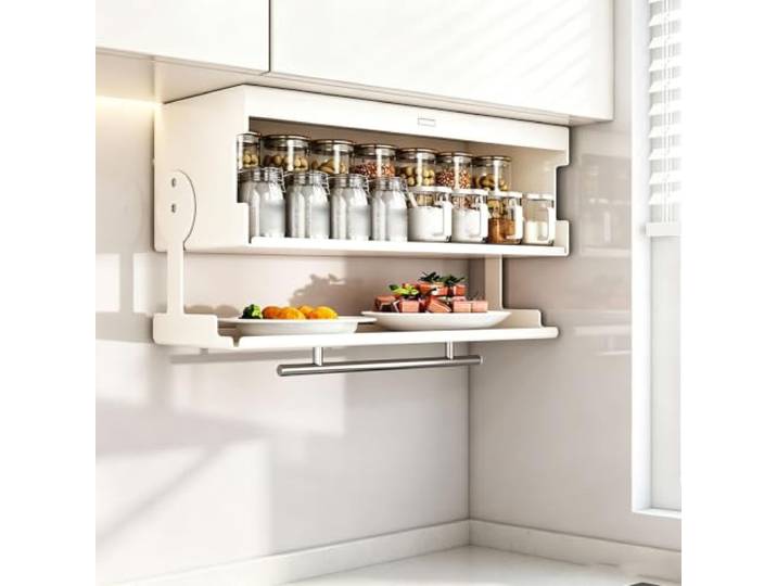 WNGJZZYC 2-Stufiger Ausziehschrank-Organizer, 90° Herabklappbares Regal Wandmontierter Gewürzregal-Organizer, Gewürzgläser, Multifunktionaler Hängespeicher Für Vorratskammer(White,H26cm/10in)