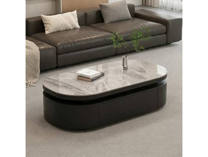 VSLreoiFX Moderner ovaler Couchtisch mit Stauraum und Sintersteinplatte Moderner Couchtisch mit Schubladen – Stauraum-Couchtisch für Luxusvillen und exklusive Lounges(A(iron),39.4in)