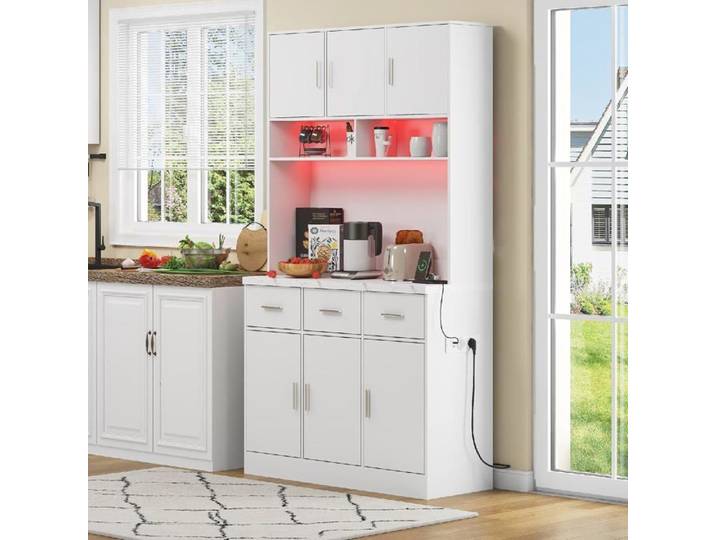 Buffet de Cuisine Armoire Meuble Cuisine Buffet Vaisselier Cuisine Buffet Salon Buffet Salle avec éclairage LED 100x40x180cm Blanc