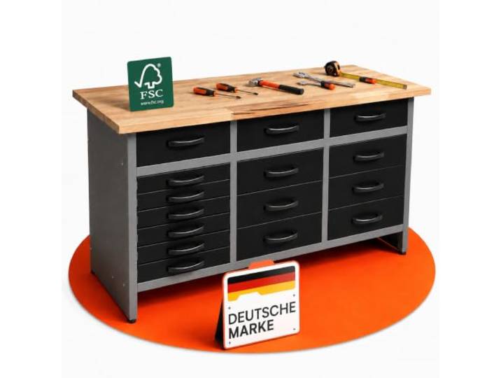 Ondis24 Werkbank Konny Werktisch 15 Schubladen 160x60x85 cm bis 450kg Buchenholzarbeitsplatte , Metall bis 450kg belastbar