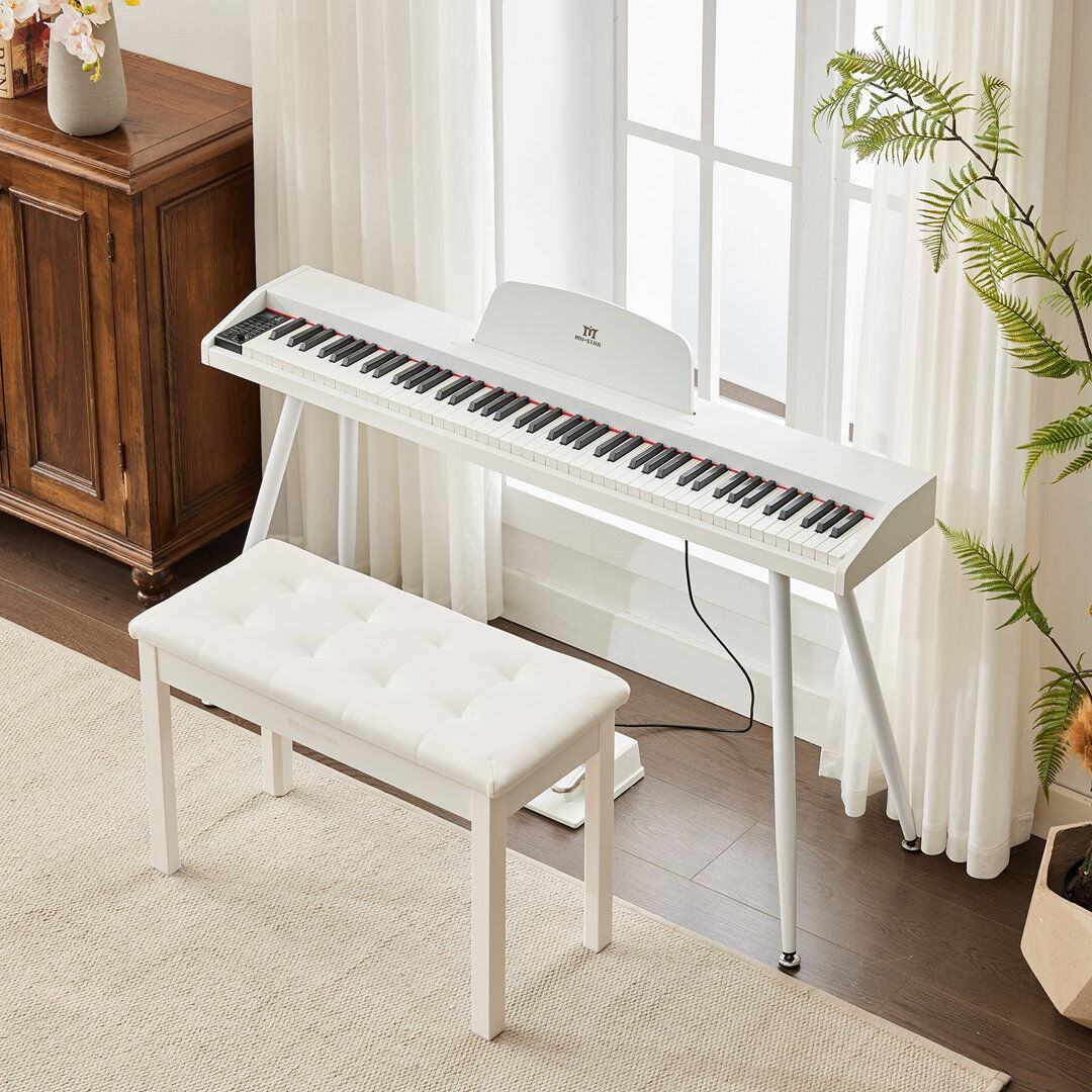 Mustard 88 Keys Semi Weighted Electric Piano Keyboard With Wood Piano Bench For For Beginners, Portable Digital Piano 88 Key Weighted With 3-pedal Unit White 72.9cm H X 129cm W X 26.9cm D