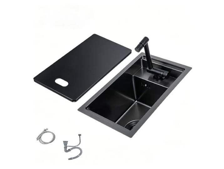 WOTZOV Camper Küchenspüle, 304 Edelstahl, klappbarer Wasserhahn, verdeckte Abdeckung, 25,4 x 43,2 x 20,3 cm, für Wohnmobil, Anhänger, Wohnwagen, langlebiges und kompaktes Design, Schwarz