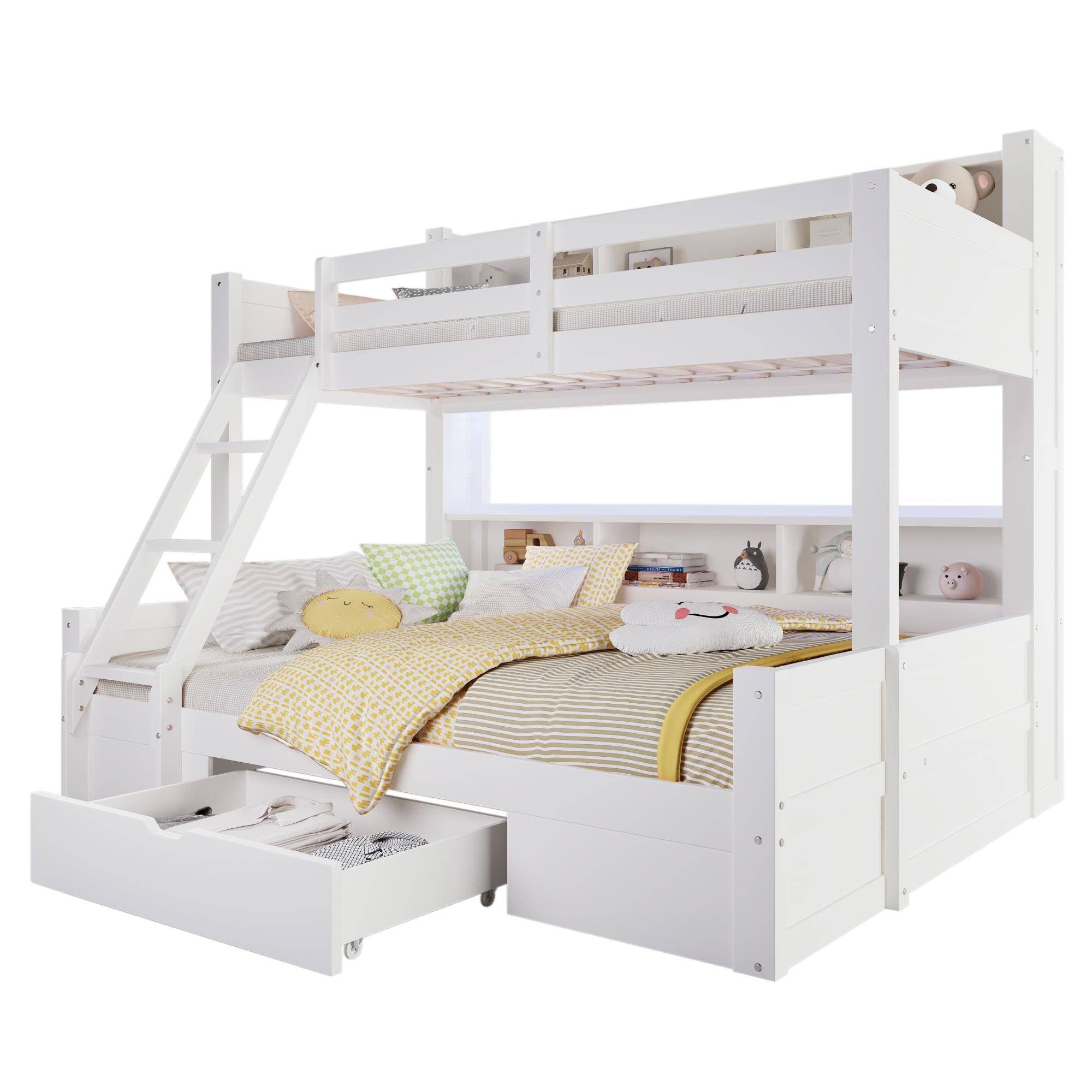 Etagenbett mit 2 Liegeflächen, LED-Beleuchtung, Schubladen, Regal, Rausfallschutz, Lattenrost, 90x200cm/140x200cm, Kinderbett