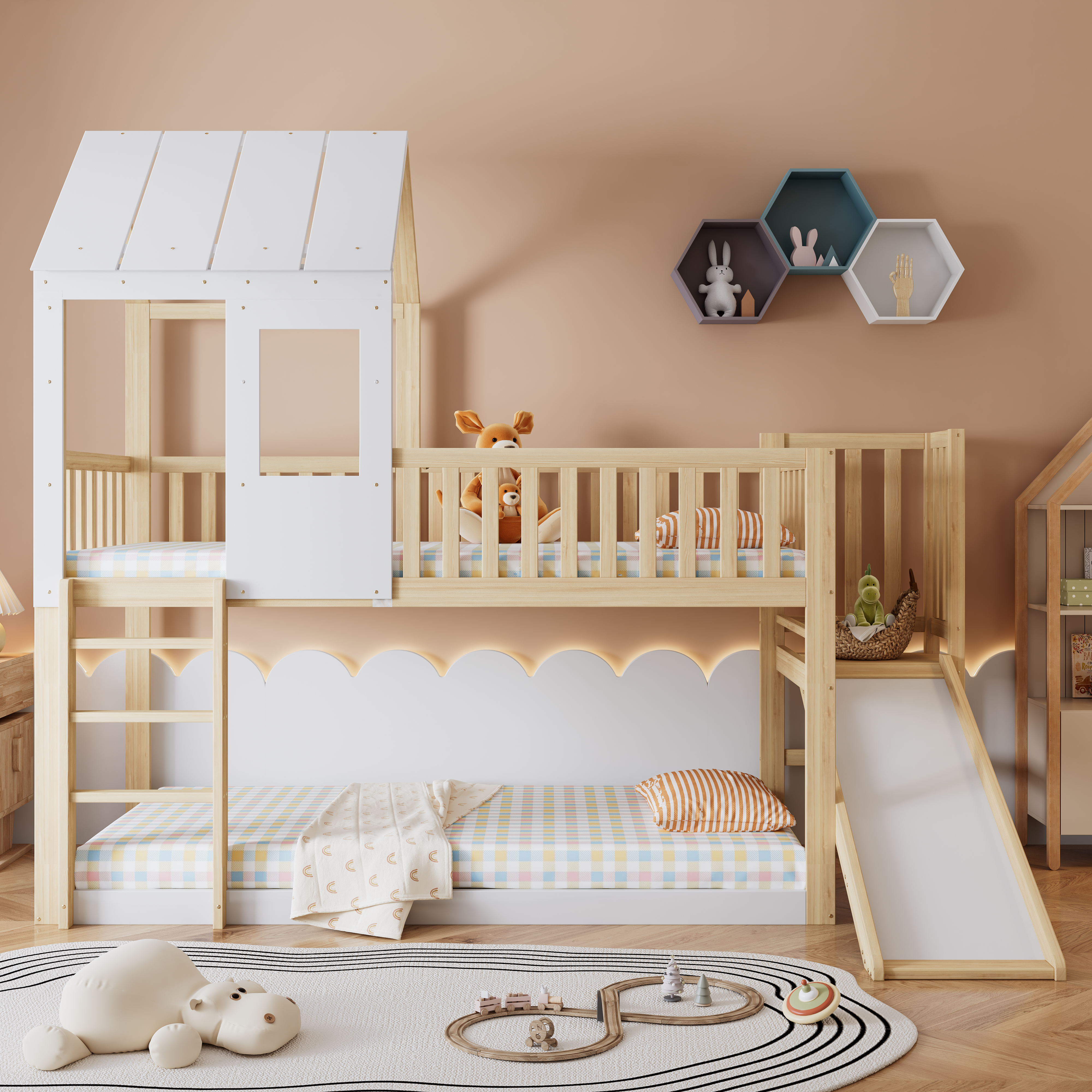 Merax Etagenbett 90x200cm mit Rausfallschutz, Leiter und Rutsche, Kinderbett mit Dach und Fenster, Kiefer Hausbett Hochbett Stockbett für 2 Kindern