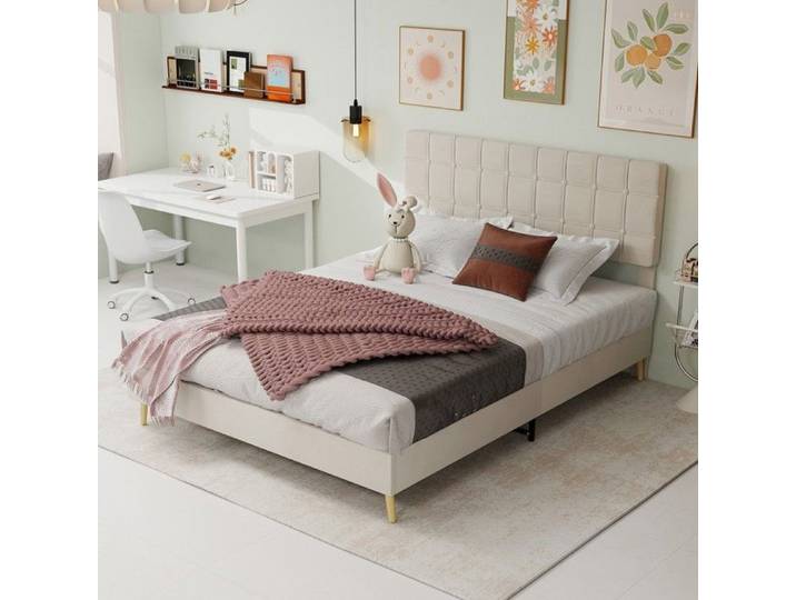 Lit double en tissu beige avec tête de lit rembourrée design moderne pour adulte adapté matelas 140x200cm
