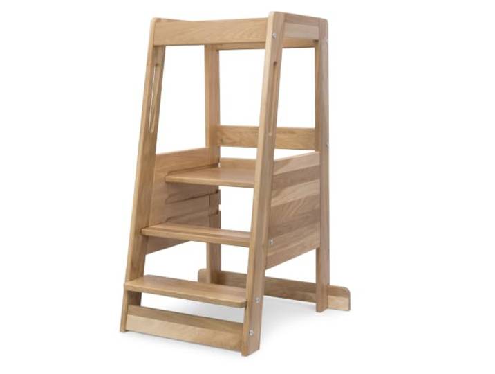 Ehrenkind® Lernturm mit Kleinkindstufe, höhenverstellbar 3-Fach, Montessori Küchenturm für Kinder ab ca. 1 Jahr, massives Eichenholz, Kitchen Helper, belastbar bis 40 kg, Klarlack
