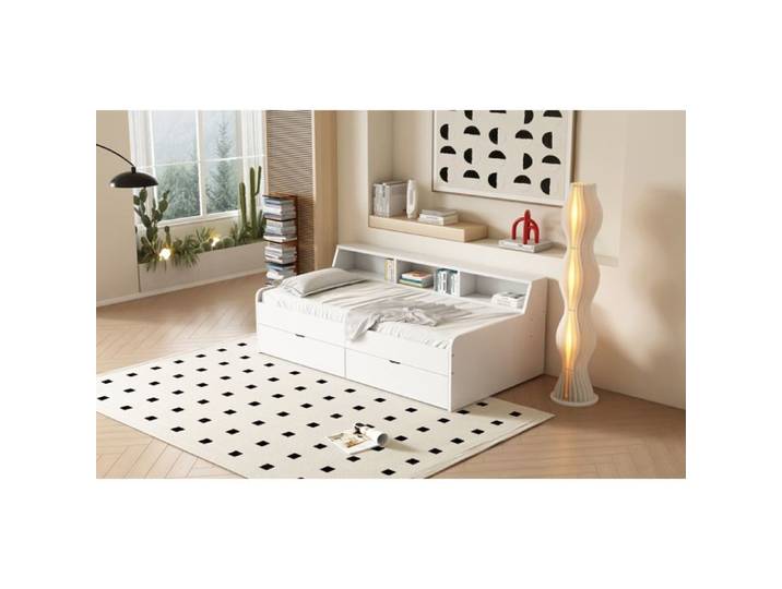 lit adulte lit simple rangement 90x200 avec 2 tiroirs et etageres structure pin blanc pour chambre couchage Grjofek