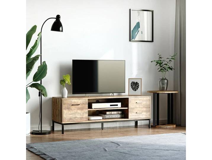 Meuble TV - 132x39x45.5 cm - Pour TV jusqu'à 50  - Style industriel - 2 tiroirs & placard