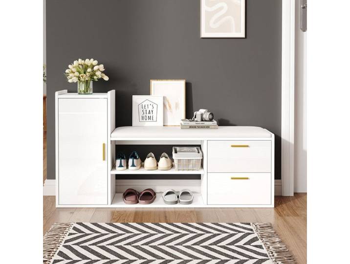 Armoire à chaussures avec banc - 128x30x68 cm - Blanc - 2 tiroirs - 1 armoire - Étagères à 2 niveaux