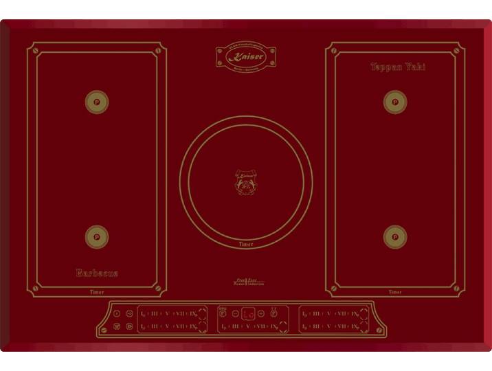 Kaiser Küchengeräte Induktions-Kochfeld 77 cm, Autark Empire Rot Retro Induktionskochfeld Vintage Design, Glaskeramik-Kochfelder 5 Induktions-Kochzonen mit Power-Funktion (Booster), Barbecue-Funktion, Teppan Yaki Funktion KCT 7797 FI RotEm, Kindersicherung, 5fach Restwärmeanzeige, Safety Guard