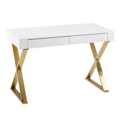 Hochglanz-Weißer Schreibtisch, Goldene Beine, Modern, 2 Schubladen. 118x57x76 cm | Kadima Design