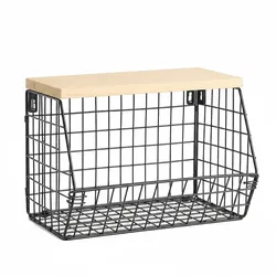 Relaxdays Obstkorb Wandregal, Ablagebrett, Küchenorganizer zum Hängen, HBT 21x30x20 cm, Gitterkorb Metall, schwarz/natur