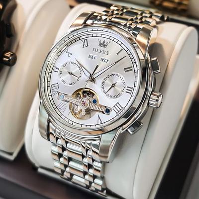 Uplifted Finds OLEVS Mens Automatic Mechanical Skeleton Business Watch Waterproof Stainless Steel Strap silver white Face