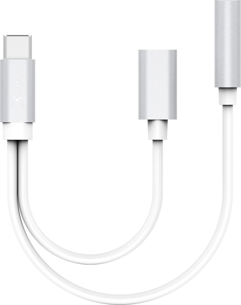 Xlayer Kabel PREMIUM 2-in-1 USB-C naar 3.5mm Aux en USB-C adapter, zilver, 0.12m