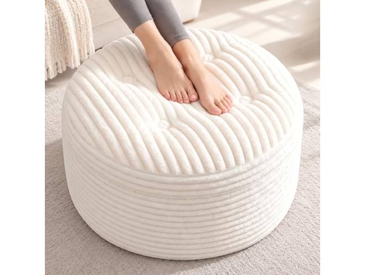 Fabulcozy Runder Ottoman 67 cm aus Dickem Cordstoff, Gepolsterter Hocker mit Griff, Fußstütze und Zusätzliche Sitzgelegenheit für Wohnzimmer, Schlafzimmer und Büro,Weiß