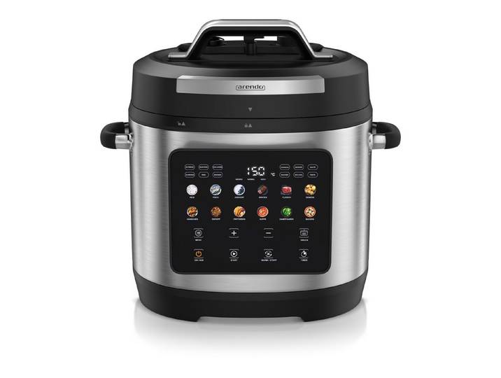 Arendo Multikocher Schnellkochtopf 6 Liter elektrisch, 24 Programme, Touch, 1000 W, 6 l Schüssel, 3 Druckstufen, 24-Stunden-Timer, Warmhaltefunktion und Dämpfeinsatz