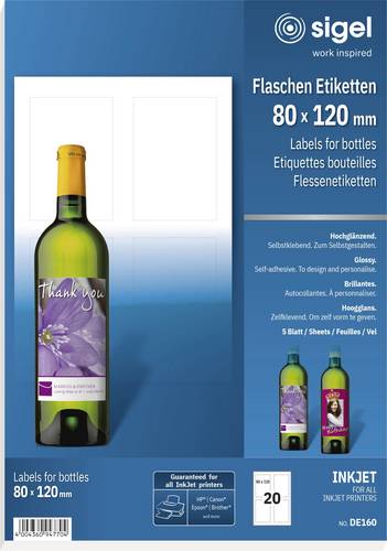 Sigel DE160 Flaschenetiketten 80 x 120mm Papier Weiß 20 St. Permanent haftend Tintenstrahldrucker