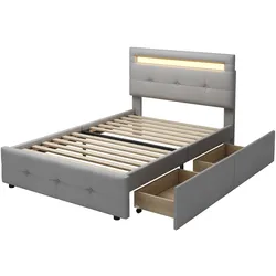 OKWISH LED-Bett mit Schubladen, Polsterbett mit Holzrahmen, Lattenrost, Stauraum, modernes Schlafzimmermöbel, langlebig, einfach montierbar, 90x200, Grau