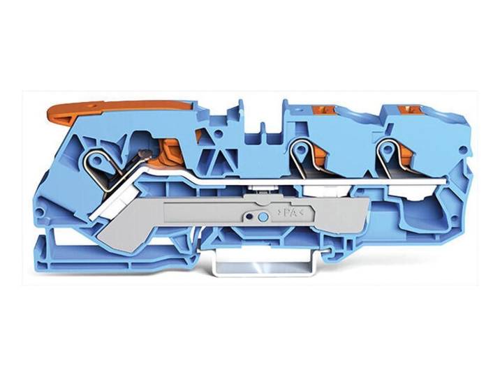 3-draads doorgangsklemmenblok met hendel en drukknop 10 mm², blauw