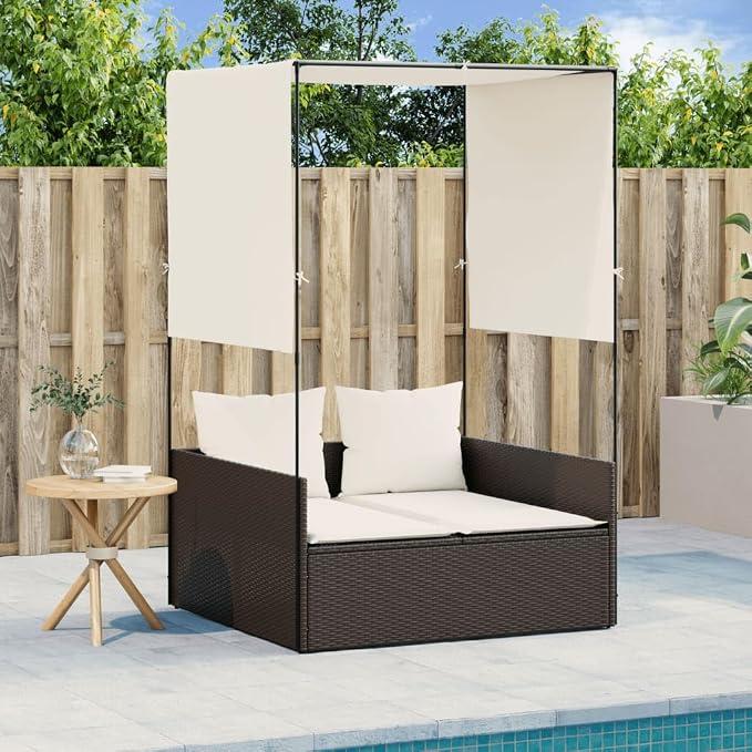 Doppel-Sonnenliege Gartenliege mit Dach Sonnenschutz Vorhängen Braun PE Rattan, gepolsterte Relaxliege für Balkon Terrasse Pool, 110 kg pro Sitz, Set