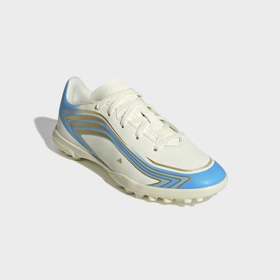 Fußballschuh ADIDAS PERFORMANCE "F50 MESSI CLUB KIDS, HYBRIDRASEN", Herren, Gr. 32, weiß (ivory, semi blau burst, icey blau), Synthetik, Schuhe Fußballschuh