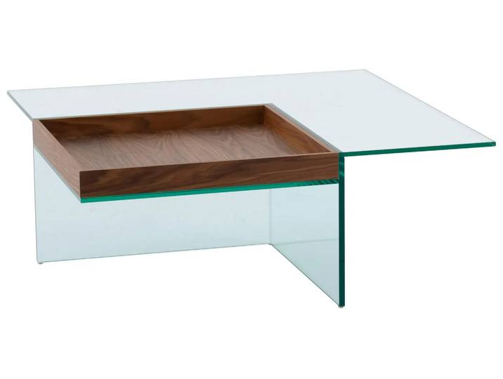 Couchtisch Samir, Korpus Floatglas, Tablett Nussbaum, 97x97x36 cm
