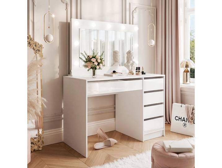 Idohome Coiffeuse BELLA II\, coiffeuse avec miroir et éclairage\, commode à maquillage\, coiffeuse avec tiroirs\, armoire à bijoux blanc brillant