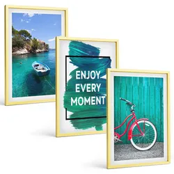 BILDER SET 3er Set - 40x60 cm Goldrahmen - Inspiration für ein Fahrrad mit Seeboot