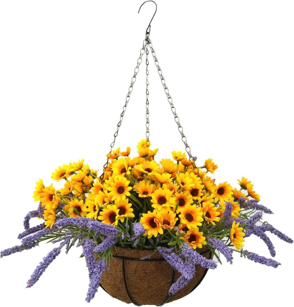 Kunstbloemen mand in zijde voor decoratie - Geel en Paars - Medium mand