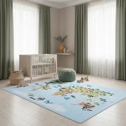 Kinderteppich TRAUN, mit Weltkarte-Tiere-Motiv, Blau, 120 x 170 cm