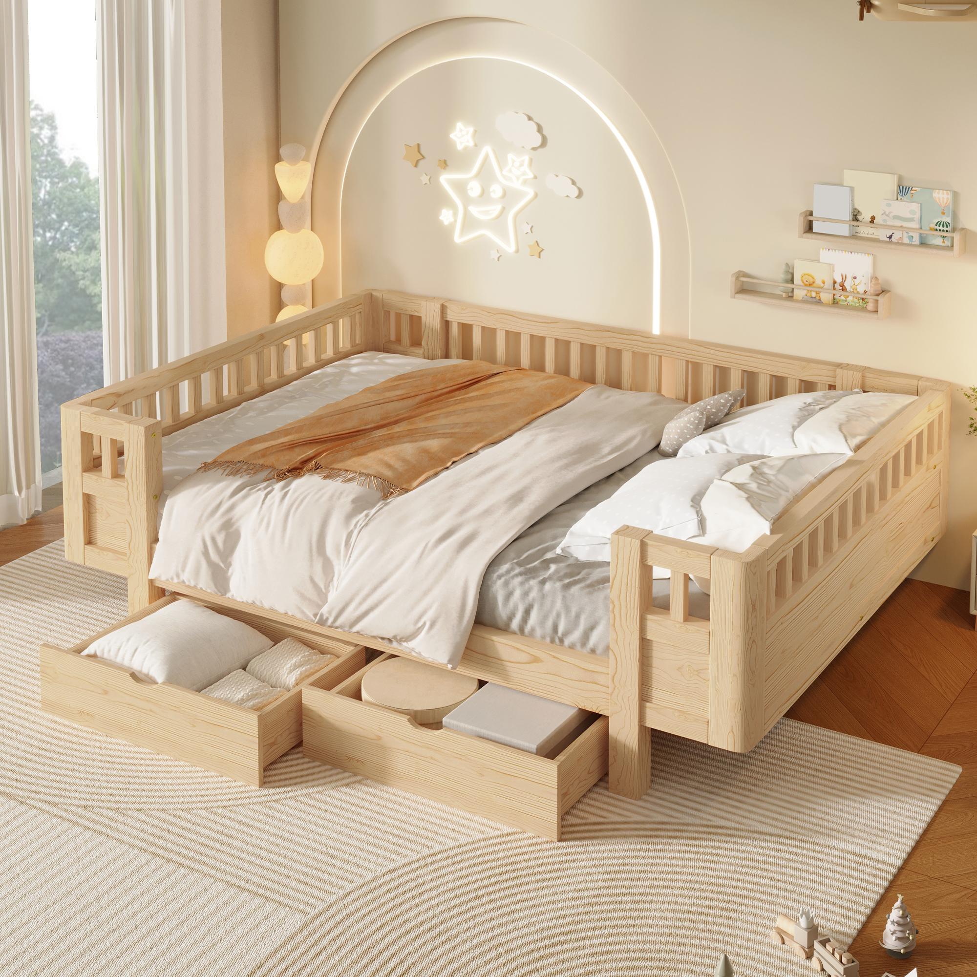 MODFU Jugendbett 140x200 mit 2 Schubladen und Matratze,Kinderbett Bettrahmen mit Schutzgitter,Plattformbett Holzbett aus Massivholz,Holzfarbe