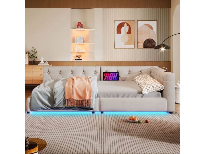 Canapé-lit lit de jour lit de jour 90x200cm canapé-lit avec grille à lait (sans matelas) éclairage ambiant avec télécommande t