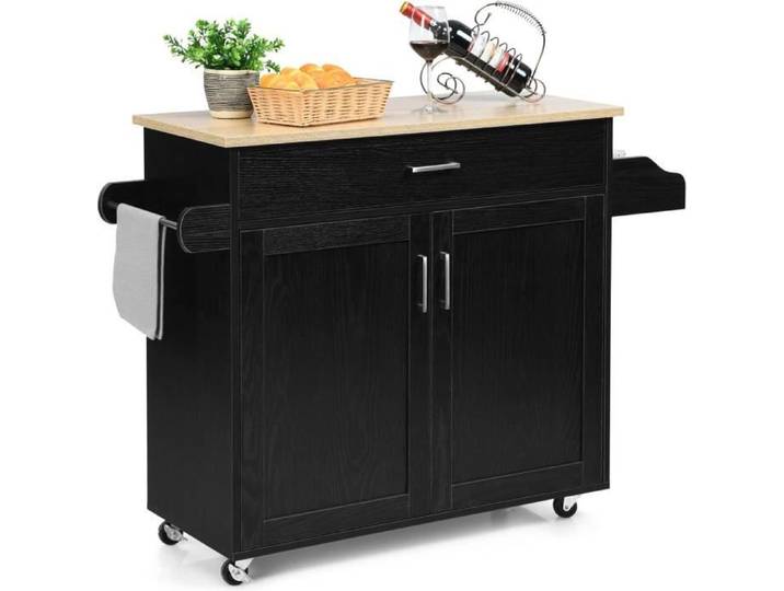 RELAX4LIFE Desserte de Cuisine avec Roulettes Grand Chariot de Rangement en Bois avec Porte-Serviette 116 x 40 x 85 cm Noir