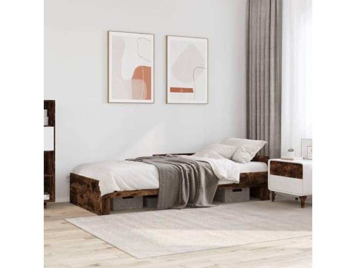 RJPLMFV Bettgestell, Holz, Technik, Raucheiche, 100 x 200 cm Ohne Matratze, Lattenrost inklusive, seitliche Barrieren, langlebig und stabil