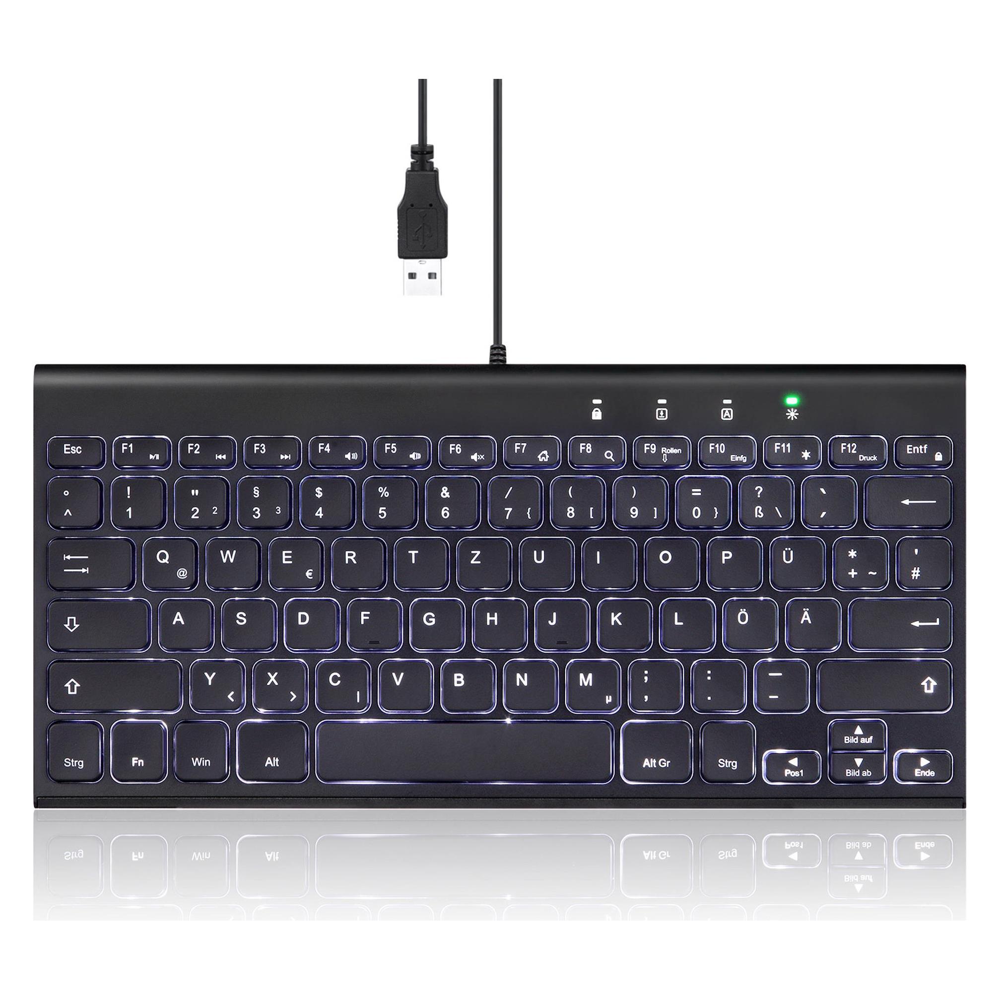 Perixx PERIBOARD-429 DE, kabelgebunden, USB Mini Tastatur mit Hintergrundbeleuchtung, schwarz (DE, Kabelgebunden) (57150N)