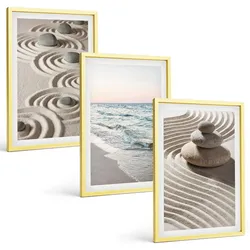 BILDER SET 3er Set - 40x60 cm Goldrahmen - Wellen, Sand, Wasser, Steine, Strand