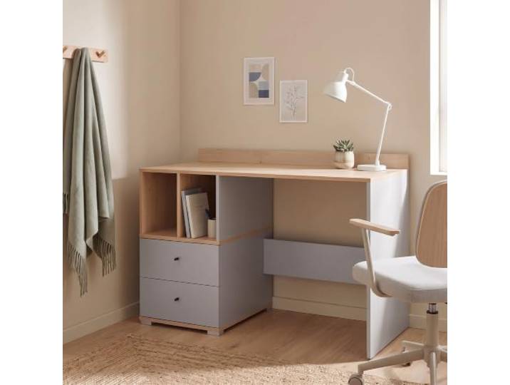 Lomadox Jugendzimmer Schreibtisch 120 cm breit in Grau mit Eiche, 2 Schubladen