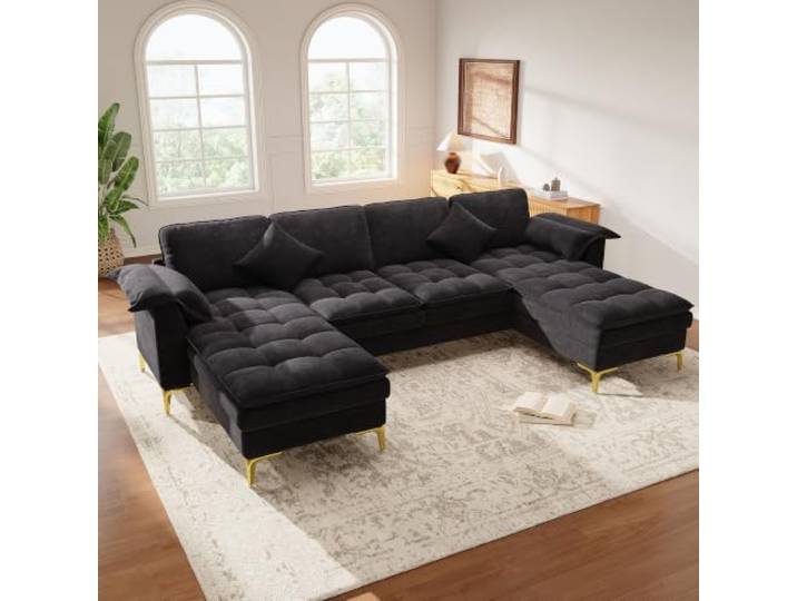 U‑förmiges Ecksofa, 4‑Sitzer Moduldesign mit Cloud‑Optik und doppellagigen Schaumkissen, inkl. 2 Chaiselongues,2 Kissen, goldene Metallfüße,Chenille‑Bezug, geeignet für Wohnzimmer/Schlafzimme, Black.