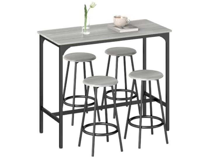 HOMCOM Bartisch Set mit 4 Barhockern für Esszimmer Küche Grau Bartisch mit Barhocker-Set, Esstisch, Küchentisch